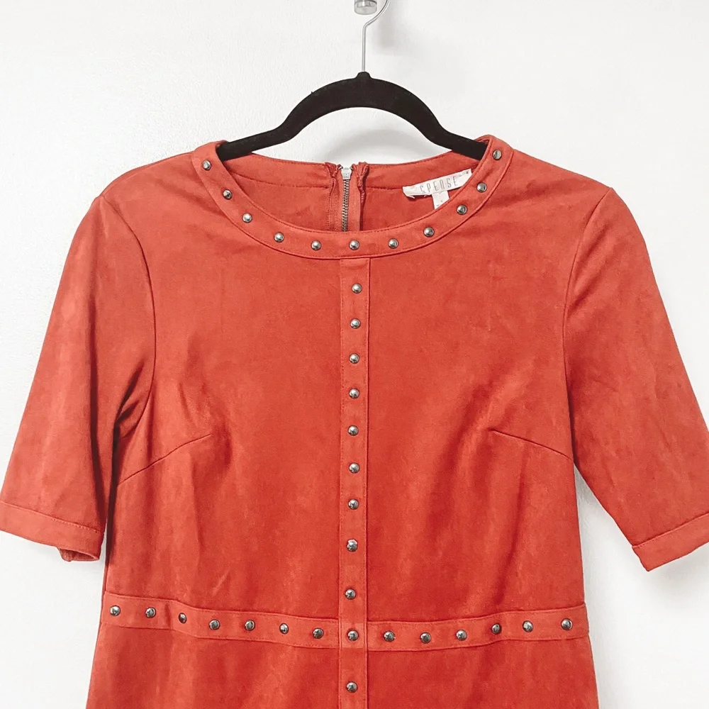 Spense Fall Winter Casual Chic Velour‎ Studded 3/4 Sleeve Mini Dress Red Orange